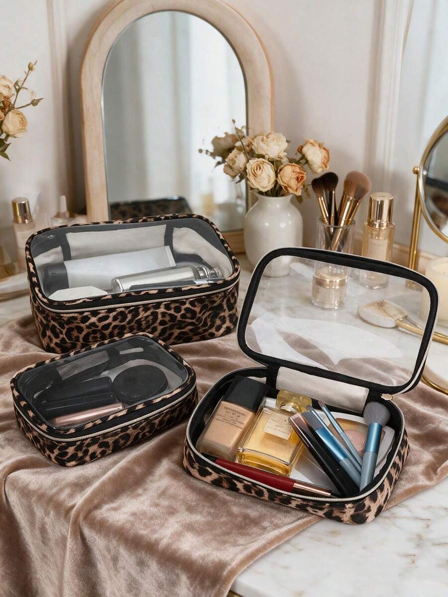 3pcs Leopard Print PU Makeup Bag Set, Transparent Design Toiletry Bag 3 Pieces Set, One Set Meets All Needs, Designed For Daily Use And Carrying - Multicolor - View 1