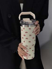 1pc 900ml/30oz Stainless Steel Insulated Tumbler With Bow-Knot Cherry Design, Outdoor Sports Water Bottle, Flat Bottom Cup, Suitable For Office, Hiking, Picnic, Home, Birthday, Valentine's Day, Mother's Day, Graduation, Anniversary, Back To School Gifts - Cherry - View 2