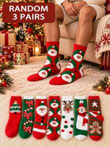 1/3/5/7 Pairs Unisex Christmas Santa Claus, Reindeer, Snowman Pattern Red & Green Contrast Color Plush Mid-Calf Socks, 3D Fluffy Pattern With Soft Cuff, Warm And Comfortable, Cute Holiday Style, Suitable For Winter Home, Christmas Party And Gift Giving - Multicolor - View 10