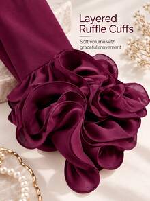 Plus Size Burgundy Two Pieces Pants Suit Long Sleeve Shawl Collar Peplum Blazer With Ruffle Flare Cuff Elegant Formal Church Business Fall Outfit - Burgundy - View 5