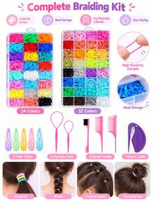 Christmas Hair Styling Tool Set, 24/32 Colors Small Rubber Bands With Storage Box, Children's Hair Accessories Set Includes Hair Flip Tool / Pointed Tail Comb / Eyebrow Brush / Hair Clips / Rubber Band Cutter, Ponytail Braiding Styling Tools Suitable For Girls, Bubble Braids Daily Hairstyles - Multicolor - View 6
