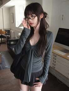 Autumn New Sexy Style Tie Bow Long Sleeve T-Shirt Slim Fit Square Neck Top - Grey - View 1