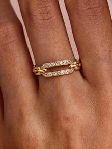 1pc 18K Gold Plated Luxury Chain Link Diamond Ring, Oval Chain Ring, Exquisite Holiday Party Gift For Women - Yellow Gold - View 3