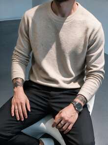 Men's Textured Fleece Crew Neck Long Sleeve T-Shirt, Loose Casual Soft Base Layer Top, Regular Crew Neck Fit, Suitable For Daily Wear And Layering - Khaki - View 4