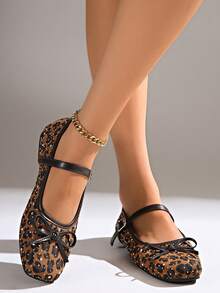 Women's New Autumn Comfortable Flat Shoes With Leopard Print Fabric, Rhinestone Bow Decor And Buckle Design, Nightclub Style Suitable For Parties, Holidays And Vacations - Brown - View 4