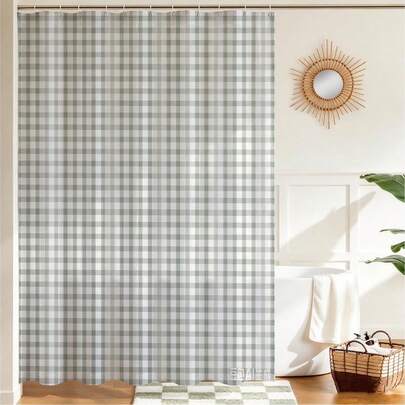 1pc Fresh Light Green Plaid Shower Curtain, Green & White Small Check Waterproof Bathroom Partition Curtain – Suitable For Bathroom Decor, Bathroom Curtain – Easy To Clean, Exquisite Home Decor, Bathroom Partition Curtain, Decorative Shower Curtain, Bathroom Accessories Home Decor Gift – Includes 12 Hooks