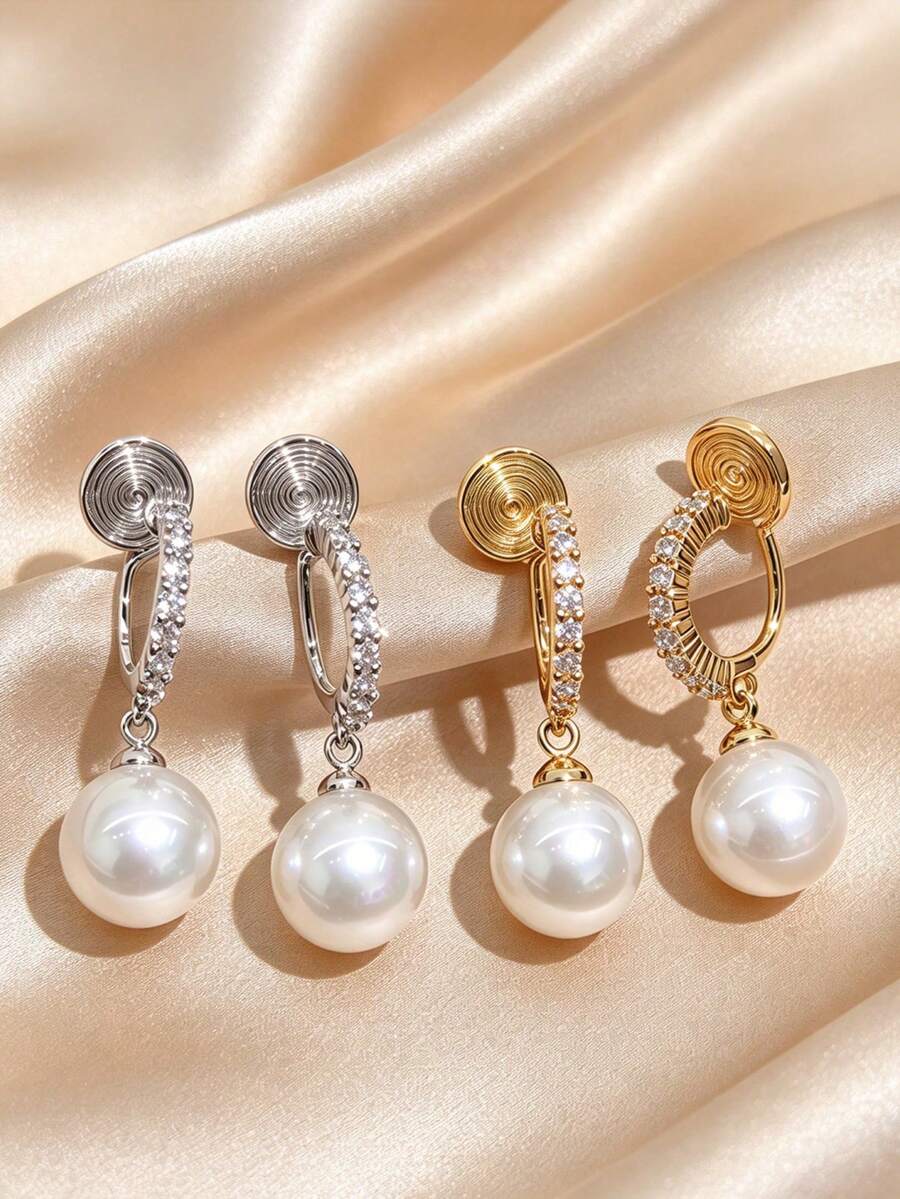1Pair Pain-Free Coil Cushion Clip-On Earrings, Faux Pearl & Zirconia Drop Design, Luxury High-End Style, Versatile For Commute, Work & Dating