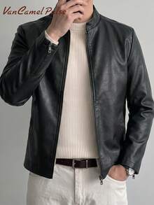 Vancamel Pulse Men's Solid Color Baseball Collar Minimalist Versatile Aviator Jacket Outdoor Casual PU Jacket - Black - View 2