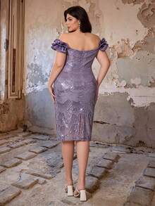 Plus Size Fall Winter Elegant Off Shoulder Sequin Midi Dress, 3D Ruffle Sleeve Faux Pearl Scallop Embellished Bodycon Evening Gown, Prom Wedding Party - Purple - View 3