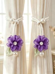 2pcs/Set French Style Fabric Floral Curtain Tieback Buckle Home Decor Pearl Embellished Curtain Buckle Suitable For Living Room Bedroom - Pearl Camellia Curtain Tie - View 13