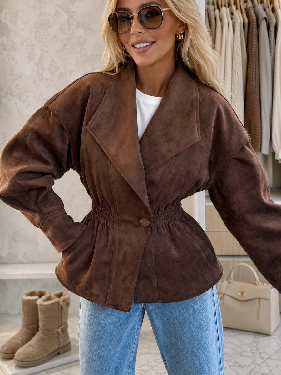 جاكيت نسائي من Solstice Apparel بطراز غربي عتيق، بني بلون الجلد المدبوغ، بياقة وأكمام خفاشية وزر واحد وخصر مشدود - قهوة بني - مشاهدة 1