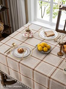 Bubaba Brown Plaid Tassel Tablecloth, Rustic Farmhouse Style Rectangular Tablecloth, Linen Texture Dining Tablecloth, Suitable For Kitchen, Dining Room, Party And Daily Home Decor - Multicolor - View 9