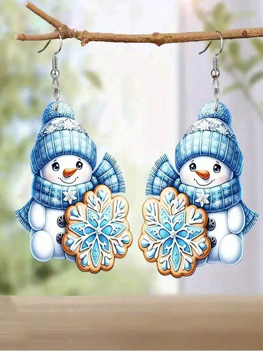 1 Pair Christmas Snowman Acrylic Earrings, Creative Holiday Design Decorative High-End Ear Pendants - Baby Blue - View 1