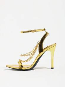 Women's Pointed Toe Single Strap Stiletto Gold Sandals With Metal Chain Decor Ankle Buckle High Heels For Party Date Evening Dress Sexy Shoes - Gold - View 6