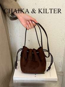 1pc Small Bucket Suede Fabric Shoulder Bag, Adjustable Strap, Suitable For Commuting, Shopping And More - Coffee - View 6