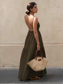 Women's Fashion Spaghetti Strap Sleeveless Backless Woven Ruffle Hem A-Line Maxi Dress, Casual Summer Outfit Party Elegant - Coffee - View 1