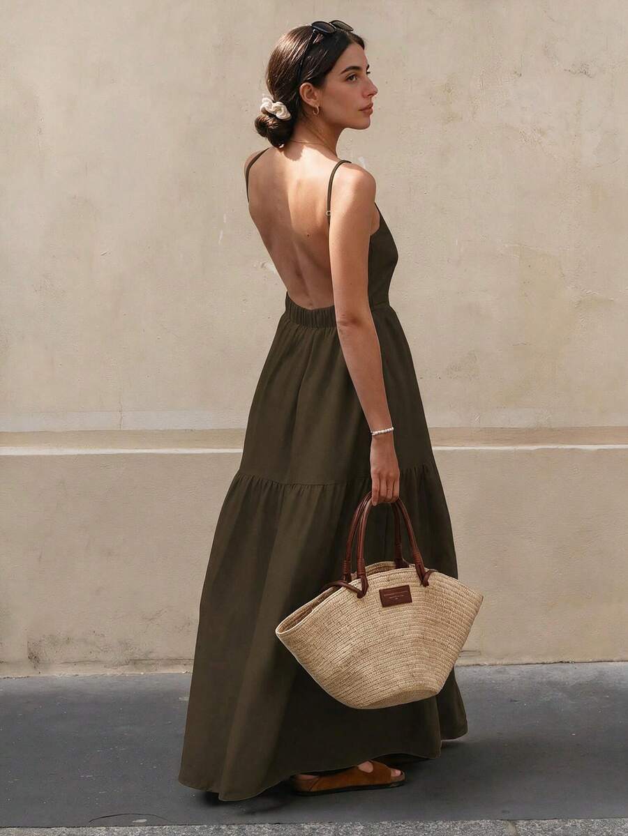 Women's Fashion Spaghetti Strap Sleeveless Backless Woven Ruffle Hem A-Line Maxi Dress, Casual Summer Outfit Party Elegant - Coffee - View 1