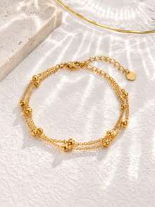 Double Layer Gold Beaded Bracelet, Dainty Stainless Steel Ball Chain Bracelet, Minimalist Stackable Wrist Jewelry For Women Daily Wear - Multicolor - View 1