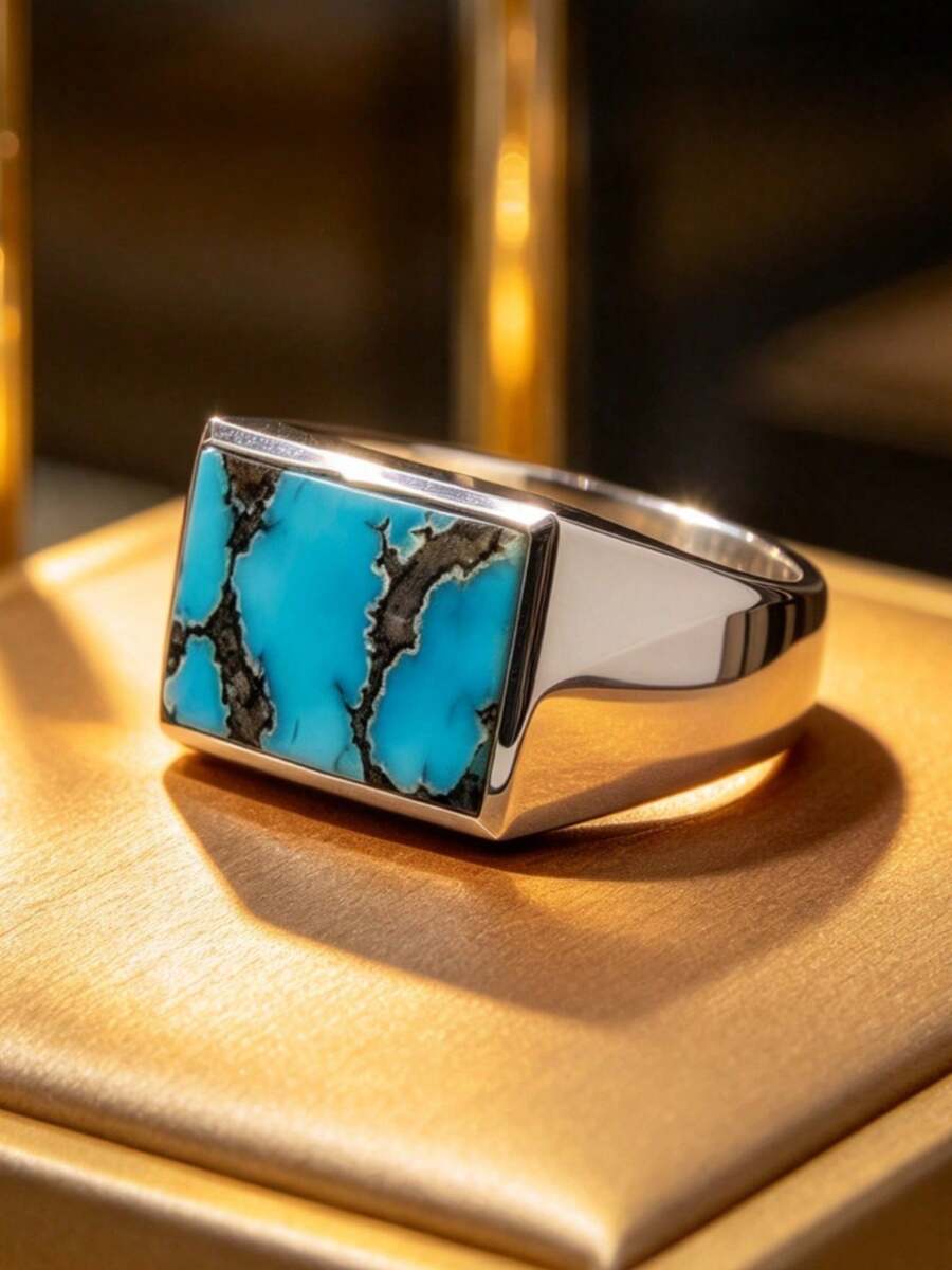 1pc Men's Turquoise Square Ring, Vintage Style, Synthetic Zirconia, Suitable For Wedding, Banquet, Party, Daily Wear, No Packaging Box - Silver - View 1