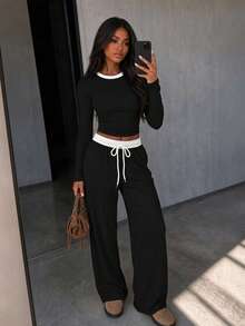 Striped Ribbed Knit 2 Pieces Set For Women, Round Neck Long Sleeve Top And High Waist Drawstring Flare Pants Casual Outfit - Black - View 2