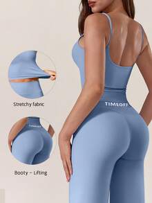 TimeOff Women's One Set Solid Color Spaghetti Strap Removable Padded Tank Top Straight Leg Draped Pants Sports Set - Dusty Blue - View 12