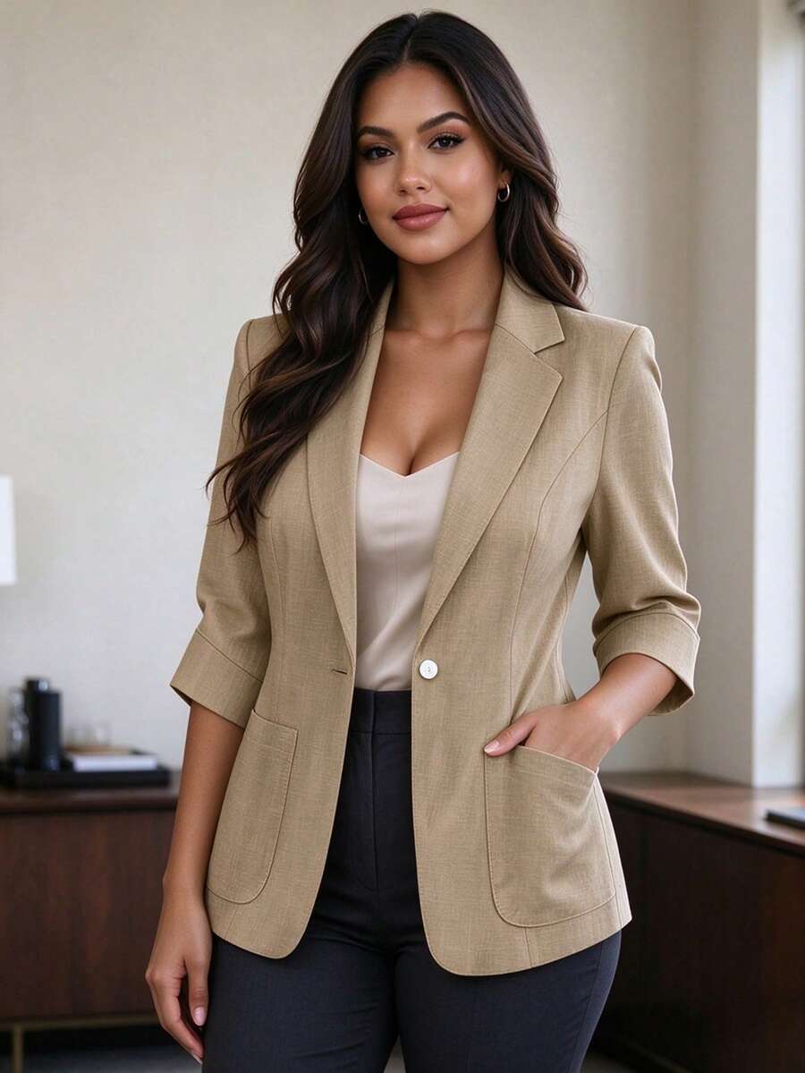 HOMEYEE 女款時尚西裝外套，單排扣商務優雅辦公室復古休閒大尺碼套裝，秋季 - 卡其色 - 查看 1