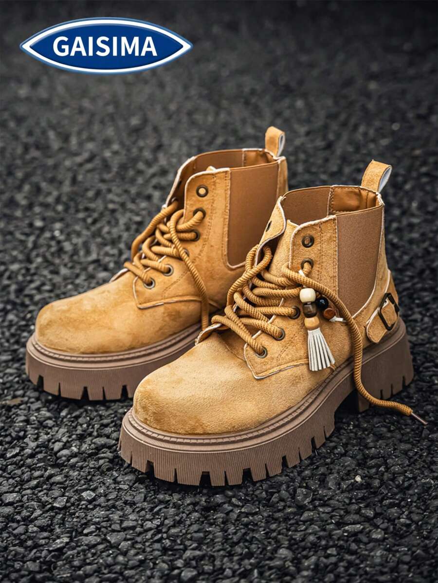 GAISIMA Premium Dad Style New Metal Skull Decor Punk Fashion Men's Height-Increasing Thick Sole Design Derby Shoes Colorblock Casual Shoes - Mustard Yellow - View 1