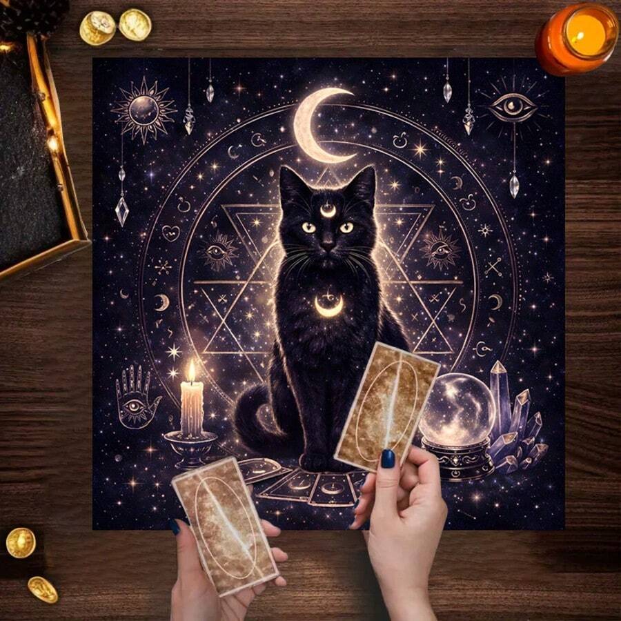 1pc Black Cat Tarot Cloth, Moon Star Pentagram Altar Cloth, Witchy Divination Tablecloth, Soft Fabric Tarot Card Mat For Tarot Reading, Wiccan Spiritual Ritual Decor - Black - View 1