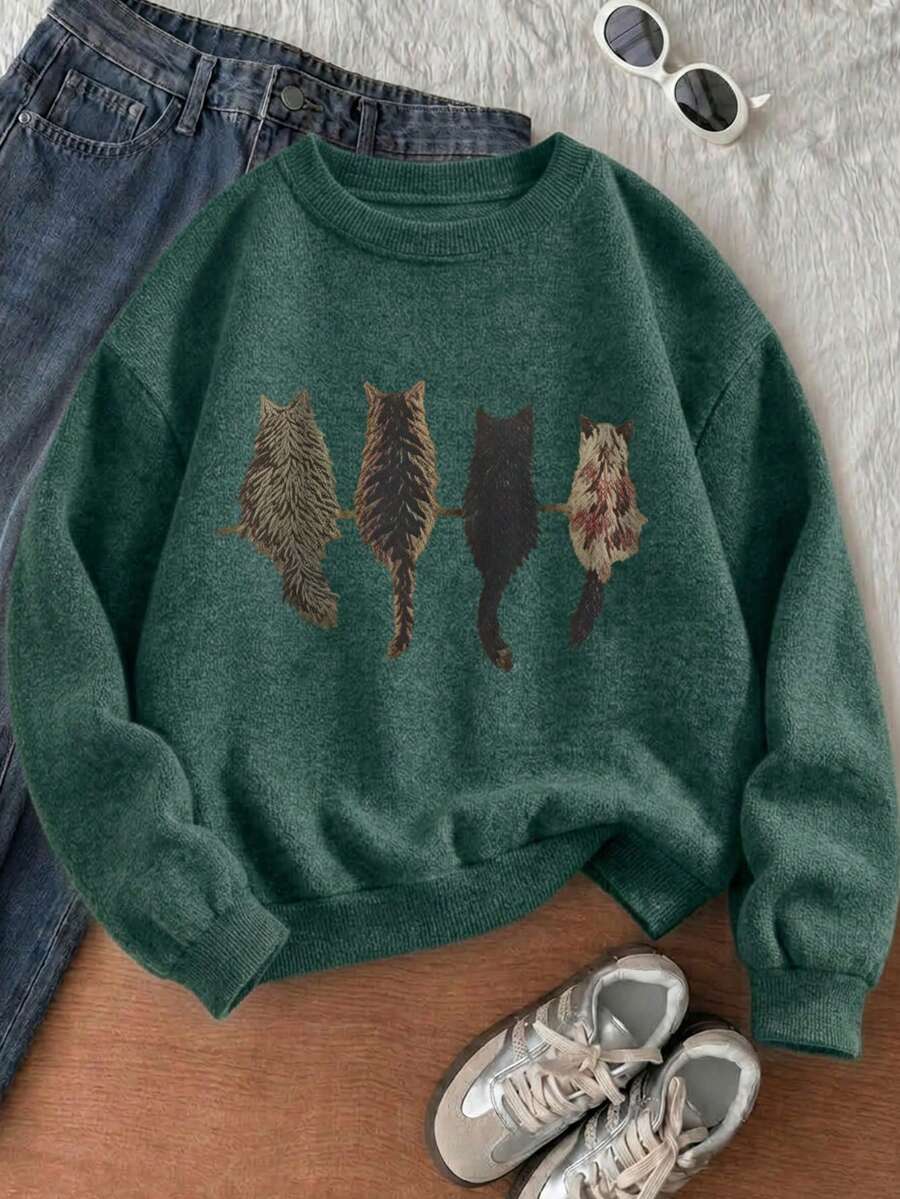 Plus Size Women's Knitted Top, Cat Pattern, Long Sleeve Round Neck Regular Fit Sweater, Ideal Choice For Autumn Fall