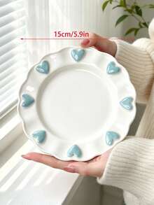 4pcs/2pcs/1pc Cute Embossed Blue Heart Ceramic Plate Set, Wavy Edge White Porcelain Dinnerware, Ins Style Dessert Salad Snack Plate, Afternoon Tea Home Table Decor, Holiday Gift - Multicolor - View 5