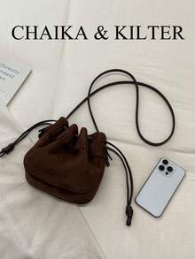 1pc Small Bucket Suede Fabric Shoulder Bag, Adjustable Strap, Suitable For Commuting, Shopping And More - Coffee - View 4