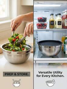 MiLaiWP 1/5 Set With Lid Salad Bowl Set, Stainless Steel Mixing Bowl, Kitchen Accessories, With Silicone Base And Non-Slip Pad, Suitable For Food Storage, Meal Prep, Salad, Etc., Kitchen Use - Black - View 4