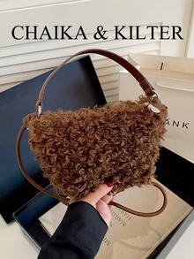 1pc Fashionable Small Bucket Plush Fabric Handbag, Suitable For Commuting, Shopping, Etc. - Coffee - View 7