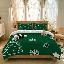 3-Piece Green Christmas Tree, Snowflake & Holly Pattern Bedding Set, Festive Cozy Room Decor, Skin-Friendly Breathable Ultra-Soft Anti-Pilling Duvet Cover & Pillowcases, No Comforter Insert, Fits Twin/Full/Queen/King Bed, All-Season Home Textiles, Machine Washable - Multi-color B - View 6