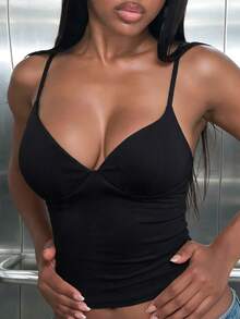 All-Season Sexy Camisole Tank Top, Cup Style Strap Top, Versatile Date Night Black Camisole - Black - View 1