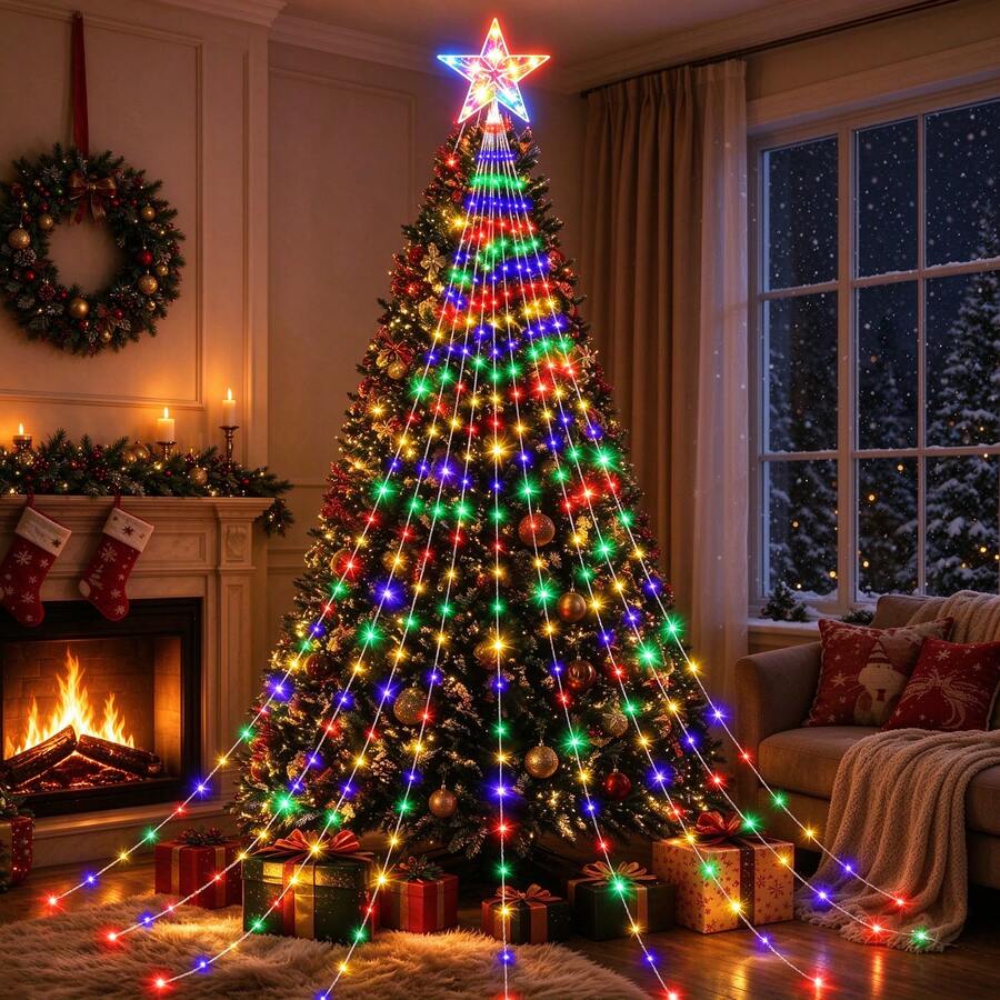 USB-Powered Star-Shaped LED Waterfall String Lights. Perfect For Indoor Decor During Autumn, Winter, And The Christmas Season, These Lights Are An Ideal Choice For Halloween, Christmas, All Saints' Day, And Bedroom Decoration. - Starry Waterfall Light - View 1