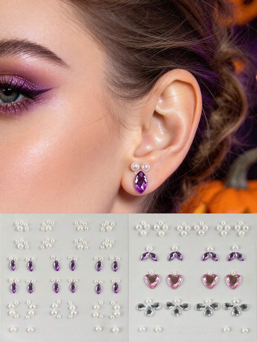 2pcs No-Drill Fake Ear Stud Stickers, Self-Adhesive Rhinestone Pearl Heart Temporary Ear Studs Gemstones, Suitable For Music Festival, EDM Party, Christmas Party Makeup
