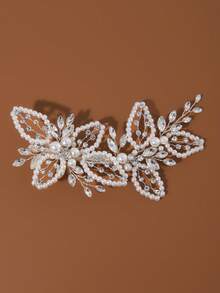 1pc Silver Leaf Rhinestone Pearl Butterfly Hair Clip, Suitable For Bridal Wedding, Daily Updo, Party And Festival Hair Accessory - Silver - View 2