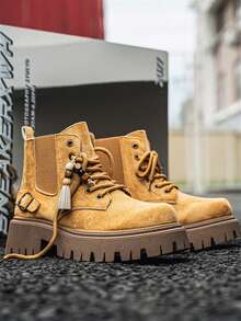 GAISIMA Premium Dad Style New Metal Skull Decor Punk Fashion Men's Height-Increasing Thick Sole Design Derby Shoes Colorblock Casual Shoes - Mustard Yellow - View 3
