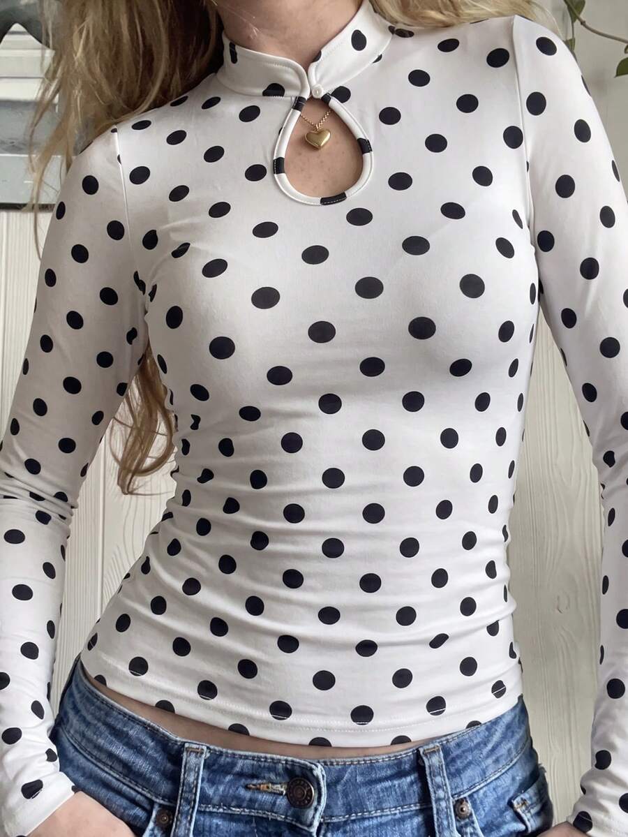 SCARLUX Fall Winter Women Y2K White Polka Dot Long Sleeve Top, Keyhole Mock Neck Fitted Tee For Back To School Street Commute Loungewear - White - View 1