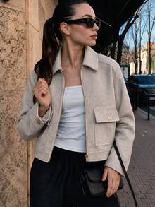 Women's Soft Jacket, New Autumn/Winter Women's Zip-Up Short Jacket, Long Sleeve Pocket Bomber Jacket, Streetwear Fall - Khaki - View 3