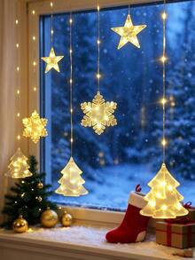 1件 2米電池供電聖誕雪花樹簾燈串，聖誕居家裝飾星星燈串，臥室牆面裝飾雪花燈串，聖誕樹裝飾燈 - 透明雪+樹 - 查看 6