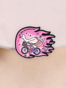 QIHOO 1pc Unny Goose Bicycle Enamel Pin "Go To Bookstore!" Pink Flame Cartoon Goose Lapel Pin Book Lover Backpack Decoration Gift - Multicolor - View 3