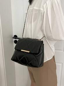 Dedoo Women's Diamond Quilted Faux Leather Flap Shoulder Bag, Gold Metal Strip Decor Chain Strap, Large Capacity Elegant Luxury Handbag, Suitable For Daily, Party, Commute - Black - View 5