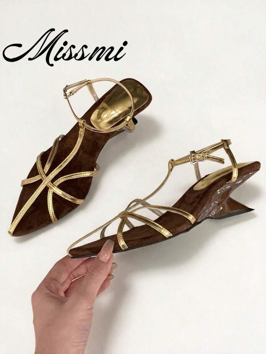 Retro Thin Strap Sandals, Unique Design Asymmetric Wedge High Heels, Open Toe, Summer Shoes For Women - Gold - View 1