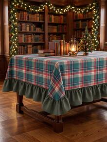 1pc Red & Green Plaid Pattern Tablecloth, Classic Traditional Style, Fabric Material, Rectangular With Ruffled Edge, Decorative & Protective For Home Long Table, Suitable For Christmas Holiday Celebration & Dining Scenes - Green - View 5