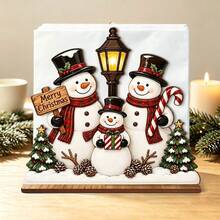 1pc Merry Christmas Cute 3 Snowmen Wooden Napkin Holder, Plaid Scarf Candy Cane Mini Christmas Tree Desktop Tissue Box, Holiday Kitchen Tabletop Paper Towel Organizer, Christmas Family Dinner Table Decor - View 3