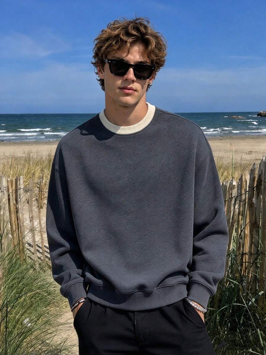 Camvyn Men's Autumn/Winter Casual Versatile Patchwork Loose Drop Shoulder Crew Neck Sweatshirt - Dark Grey - View 1