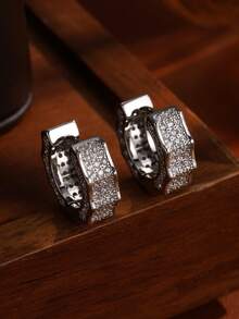 2Pcs Men's Hip Hop Cubic Zirconia Stud Earrings, Suitable For Men's Autumn Daily Commute Outfit Layering Jewelry - Earrings - View 2