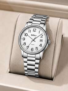 BIDEN Men's Watch Arabic Numeral Dial Analog Quartz With Date Water-Resistant Stainless Steel Strap - White - View 2
